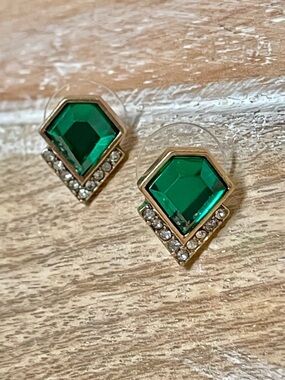 Gold-Tone Green Geometric Crystal Stud Earrings